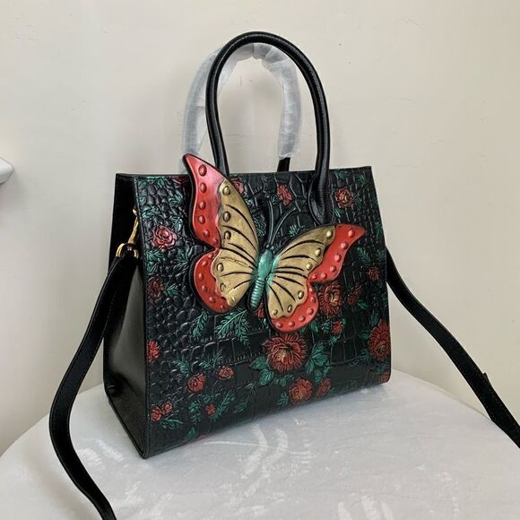 Hand Painted Genuine Leather Floral Embossed with 3D Butterfly Handbag - Picture 3 of 16